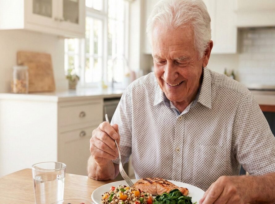 Senhor de idade comendo prato com alimentos saudáveis para evitar sarcopenia