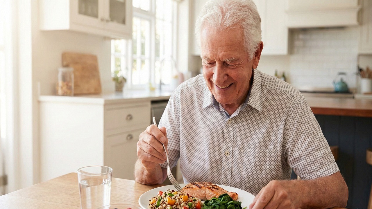 Senhor de idade comendo prato com alimentos saudáveis para evitar sarcopenia