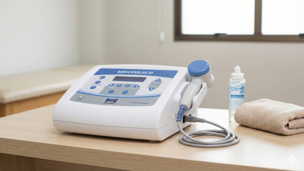 Aparelho Sonopulse III para tratamentos de fisioterapia em pacientes com dores 