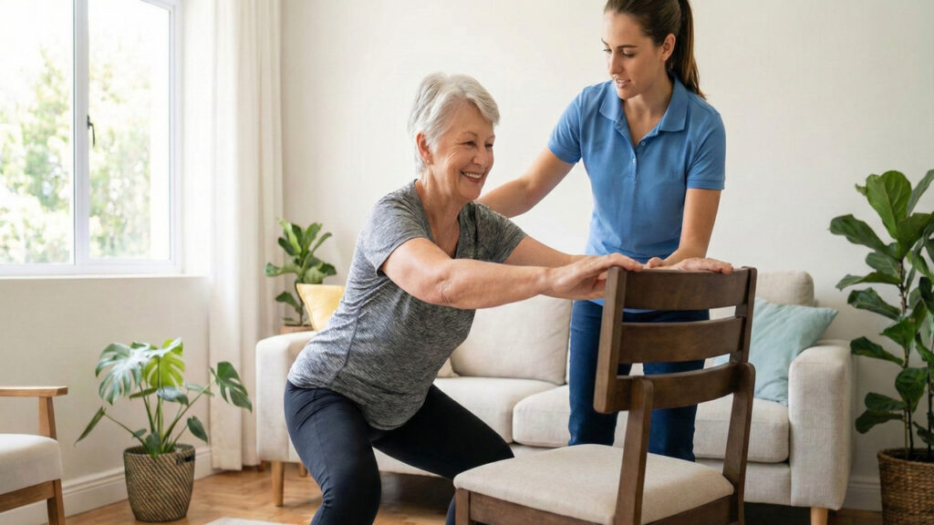 Idosa se exercitando com agachamento assistido com fisioterapeuta
