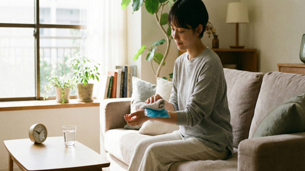 Moça sentada na sala cuidando de sua tendinite com método que alivia dor