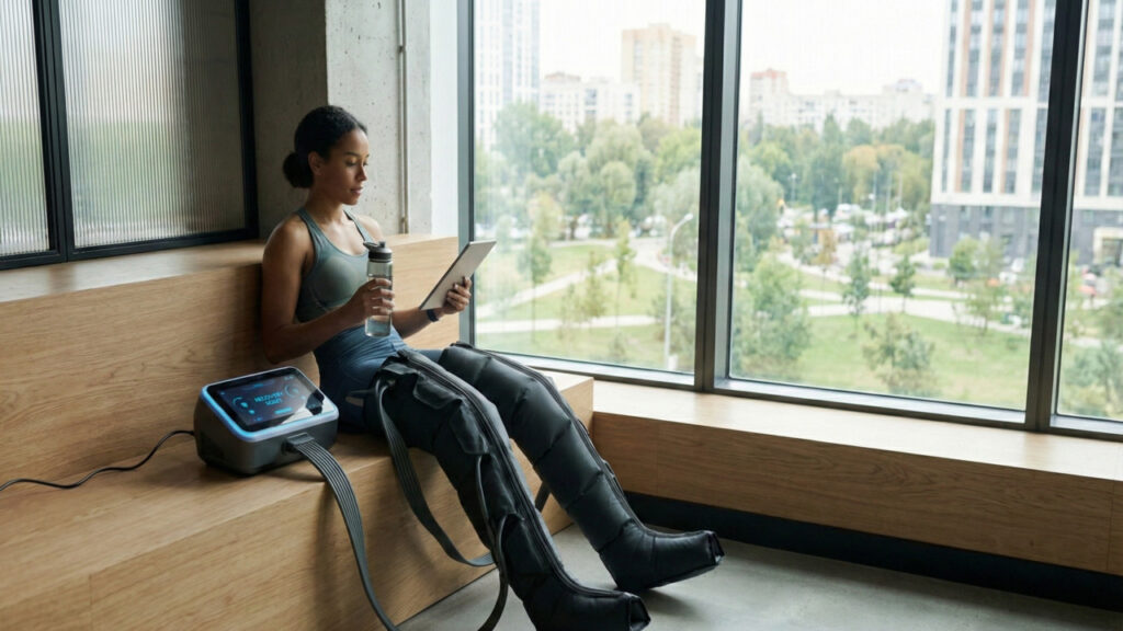 Moça utilizando botas pneumáticas