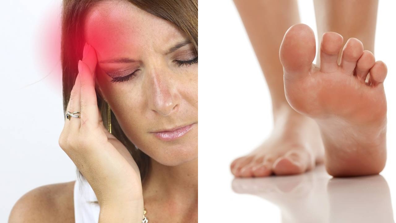 Mulher com dores de cabeça com possível causa relacionada aos pés e postura