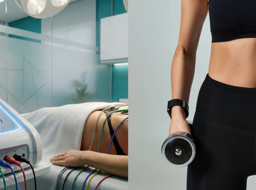 Mulher fitness com musculos tonificados após passar por sessões de tratamento fisioterapêutico com tecnologia Neurodyn Esthetic