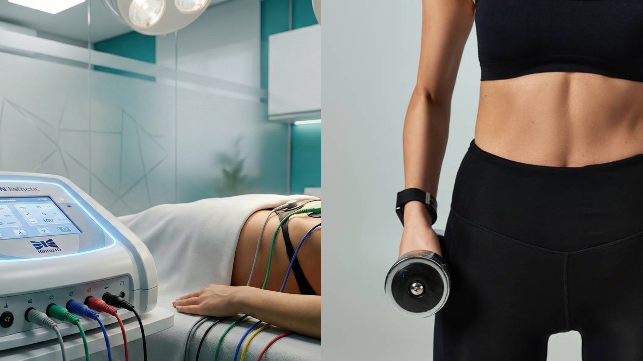 Mulher fitness com musculos tonificados após passar por sessões de tratamento fisioterapêutico com tecnologia Neurodyn Esthetic