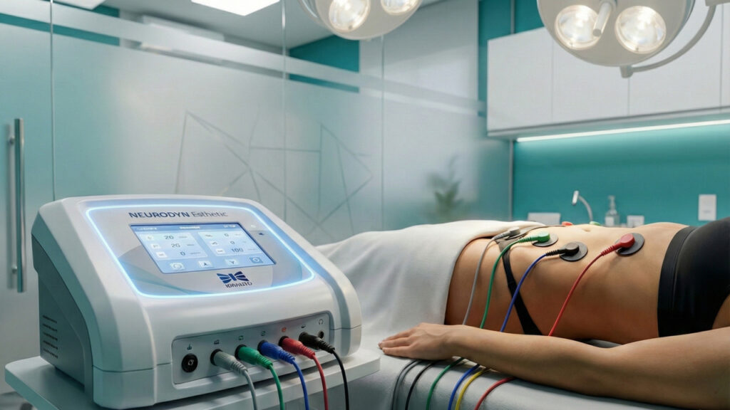 Sessão utilizando o equipamento Neurodyn Esthetic para tonificar os músculos em clínica de fisioterapia